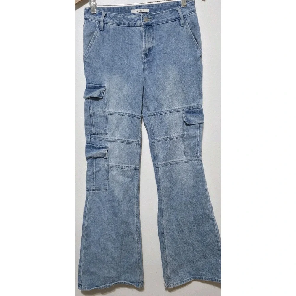 PacSun Light Wash Blue Low Rise Flare Jeans Sz 27x32 Y2K Cargo Baggy Grunge‎ EUC